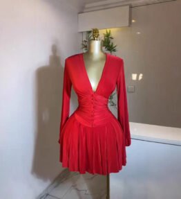 French-style Womens Pleated V-neck Long-sleeve Dress