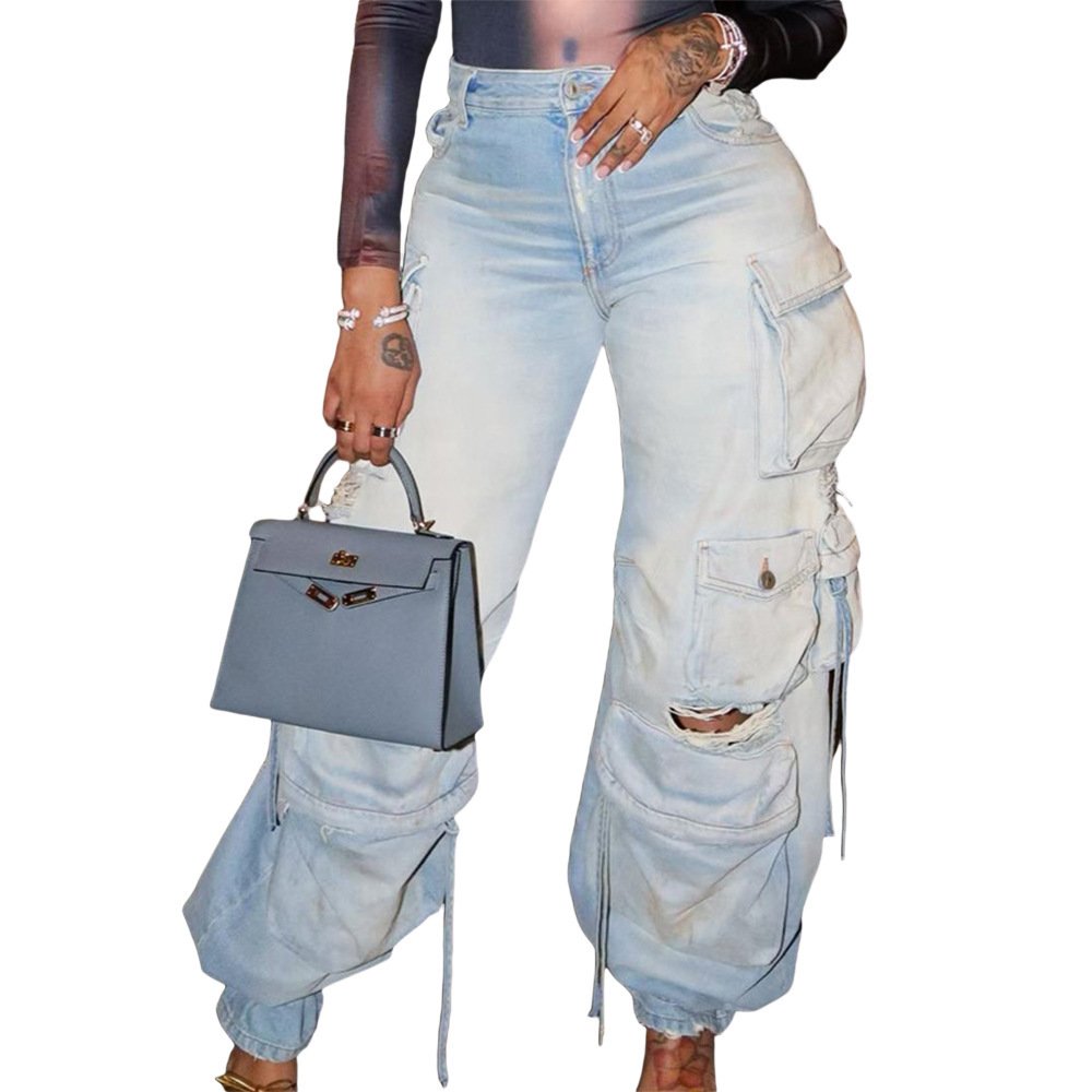 Retro Casual Denim Stereo Multi-pocket Trousers - Image 10