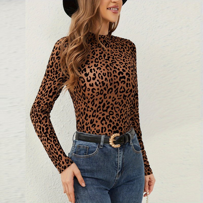 Women's Solid Color Stand Collar Long Sleeve Fitted Top, Sheer Leopard Print Pattern, Layering Base For Spring And Autumn - Image 6