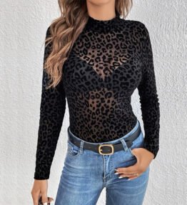 Women's Solid Color Stand Collar Long Sleeve Fitted Top, Sheer Leopard Print Pattern, Layering Base For Spring And Autumn