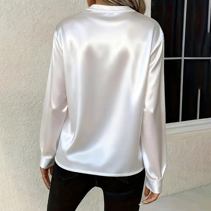 Women's Elegant Solid Color V-Neck Blouse, Button Cuff Long Sleeve Wrinkle Resistant Office Shirt - Image 3