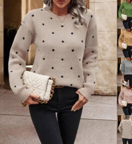 Fashion Polka Dot Print Pullover Sweater Casual Long-sleeved Knitted Tops Women's Clothing