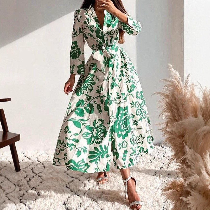 Womens Printed, Defined-Waistline, Lace-Up Long-Sleeve Shirt Dress - Image 5