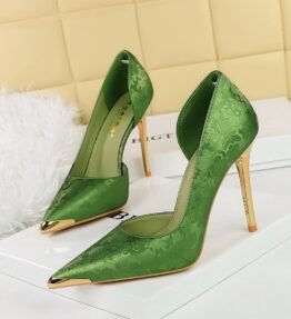 Satin Metal Pointed High Heel Thin Heel Shallow Single Shoes