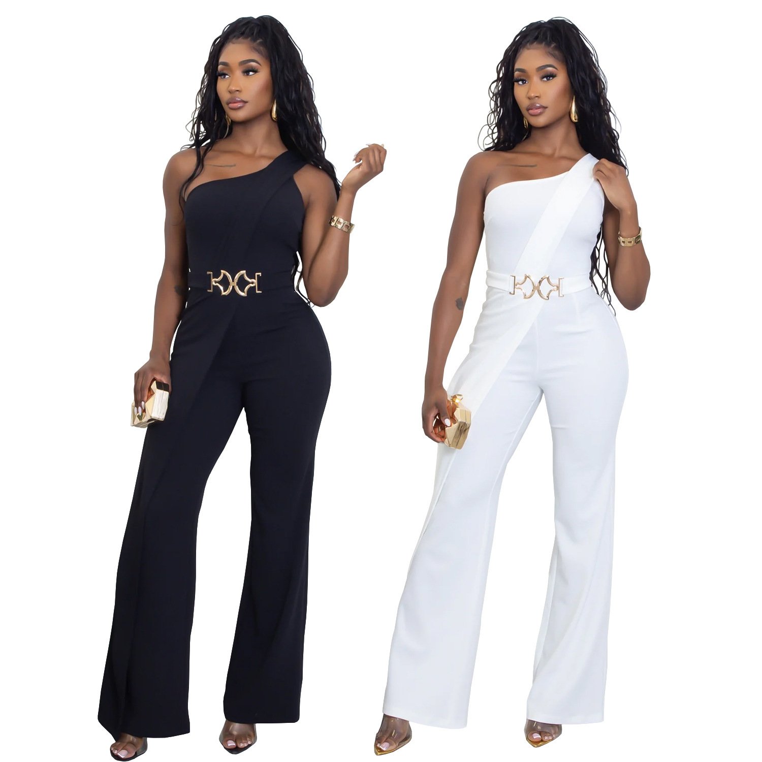 Wear Elegance Decorative Buckle Oblique Shoulder Jumpsuit - Image 6