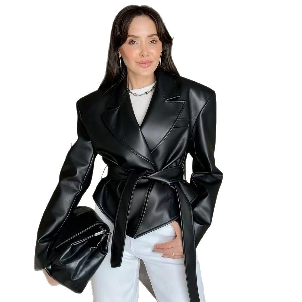 Women's Motorcycle Cool Strapped Temperament Leather Jacket - Image 6