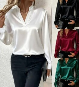 Women's Elegant Solid Color V-Neck Blouse, Button Cuff Long Sleeve Wrinkle Resistant Office Shirt