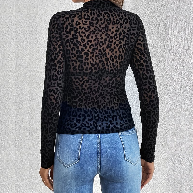 Women's Solid Color Stand Collar Long Sleeve Fitted Top, Sheer Leopard Print Pattern, Layering Base For Spring And Autumn - Image 4
