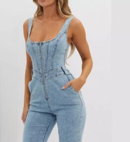 Adjustable Shoulder Strap Slim Cowboy Siamese Trousers