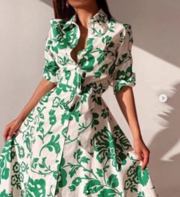 Womens Printed, Defined-Waistline, Lace-Up Long-Sleeve Shirt Dress