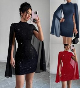 Women's Sexy Elegant Evening Party Dresses Round Neck Pit Stripe Pearl Chiffon Cape Sleeve Wrapped Hip Dress