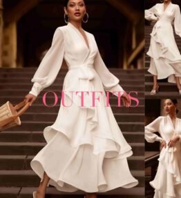 V-neck Prom Dress Long Sleeve Ruffles Long Prom Dress Elegant Dresses For Women White Satin Dress Layered Woman Clothes Casual