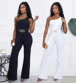 Wear Elegance Decorative Buckle Oblique Shoulder Jumpsuit
