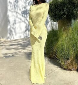 Backless Solid Color Flared Long Sleeve Round-neck Long Dress