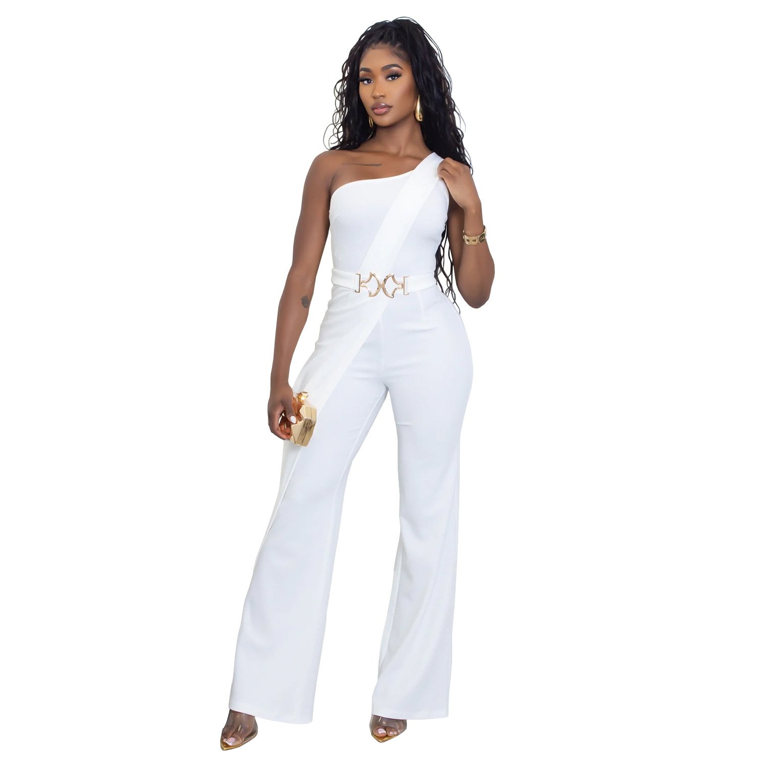 Wear Elegance Decorative Buckle Oblique Shoulder Jumpsuit - Image 2