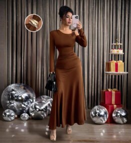 Women's Solid-color Off-shoulder Long-sleeve Top With Metal-decorated Dress