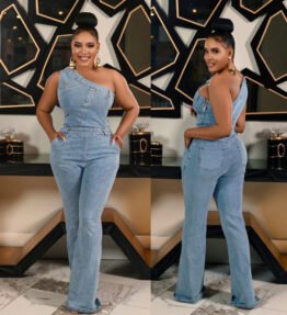Slant Shoulder Tight Waist Slim Elastic Wash Denim Jumpsuit